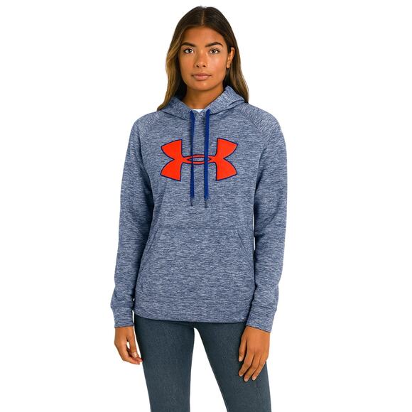 UNDER ARMOUR Loose Big Logo Hoodie in Blue Heather/ Neon Pink EUC Size XL - Picture 1 of 7